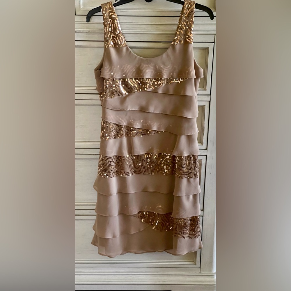 S.L. Fashions Elegant Lined Beige Sequin Layered Dress - Size 10
